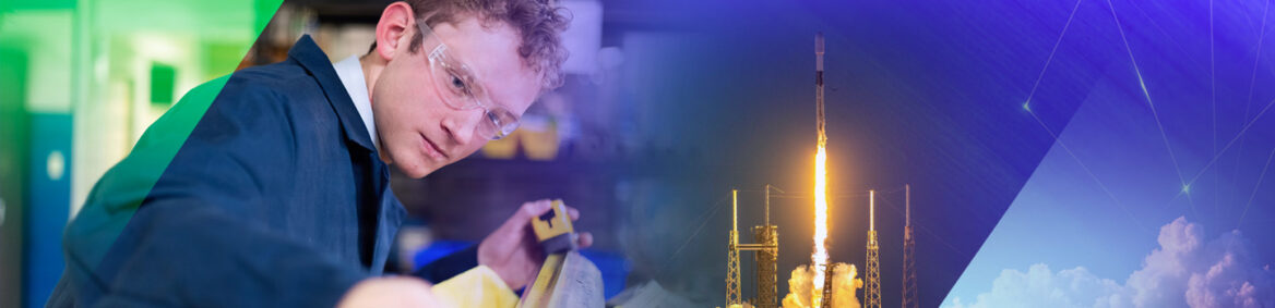 Man measuring and rocket launching